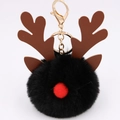 Christmas reindeer plush pompom keychain in black with red nose and brown antlers - Black
