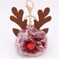Detail of reindeer plush ball keychain with red nose and gold-tone lobster clasp - Two-tone Wine Red