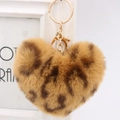 Plush heart leopard print keychain with golden metal clasp and ring for fashion handbags - Gold Key Chain Style / Coffee