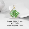 Rhombus glass pendant with light green dried lace flower and golden metal edge 16x21mm - Green