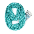 Teal infinity scarf with white geometric patterns featuring a hidden zipper pocket - Clover Pattern Turquoise