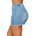 Lichtblauwe spijkerrok met hoge taille, distressed details en gerafelde zoom - S / Blauw