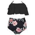 Two-piece bikini with black ruffle halter top and floral high-waisted bottom - M / Black Top with Peony Bottom