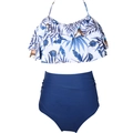 Women's high waist bikini with tropical palm leaf ruffles and solid blue bottom - S / Coconut Print Top with Blue Bottom