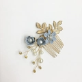 Bridal gold hair comb featuring blue fabric flowers with pearl and rhinestone tassels - 3-Flower Hair Comb / Blue