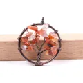Handmade copper wire tree of life pendant with orange-red crystal chips on wood base - Red Agate
