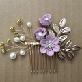 Elegant gold bridal hair comb featuring purple fabric flowers with pearls and crystals - 3-Flower Hair Comb / Purple
