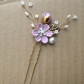 Elegant purple fabric flower hair pin with faux pearls and gold metal accent details - 2-Flower Hairpin / Purple