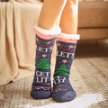 Navy blue Christmas slipper socks with thick fleece lining and Let's Get Lit tree pattern - Blue Christmas Tree