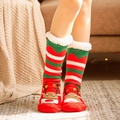 Winter fleece-lined non-slip home socks with Christmas reindeer pattern in red and green - Red Deer Head