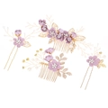 Parure de bijoux de tête mariage fleurs violettes, perles et feuilles dorées chic - Violet