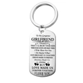 Stainless steel keychain with laser-engraved romantic message for girlfriend on a white background - GIRLFRIEND / Keychain / Silver