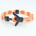 Nautical orange and white braided rope bracelet with a matte black metal anchor clasp - Orange & White