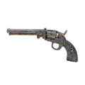 Detail of vintage revolver prop with intricate floral engraving and antique silver finish - Long Revolver
