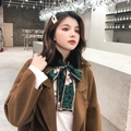 Green leopard print faux rabbit fur scarf with silk ribbon ties for women - Black + Green Leopard