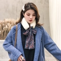 White faux fur neck warmer with blue leopard print silk ribbon bow for winter - Rice Apricot + Blue Leopard