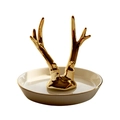 Nordic white ceramic jewelry tray with golden antlers for rings and necklace storage - Antler Jewelry Stand
