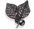 Vintage gun-black leaf brooch with black rhinestones and a large dark pearl - Multi-leaf Style - Black Pearl Marcasite