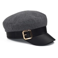 Cappello newsboy in lana grigio scuro con visiera in pelle nera e fibbia dorata - Regolabile / grigio scuro