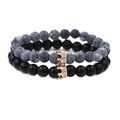 Crown beaded bracelet set with grey cracked stone beads and matte black stones - Matte Stone Set Rose Gold