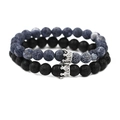 Double crown bead bracelets set featuring grey-blue crackle beads and black lava stone - Lava Stone Set White K