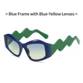 Occhiali blu con stanghette ondulate verdi e lenti sfumate blu-gialle alla moda - Montatura Blu Lenti Sfumate Blu Giallo