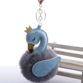 Macro detail of swan keychain with blue faux leather wings and dark gray pom pom - 8cm Fur Ball Gold Chain Buckle / Gray