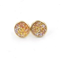 Macro detail of 12mm round gold-plated stud earrings with sparkling orange drusy texture - Iridescent Orange Yellow (10)