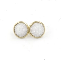 Detailed macro view of 12mm gold plated stud earrings with textured white druzy stones - Pure White (13)