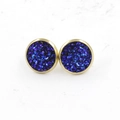 Macro detail of 12mm gold-plated stud earrings with blue-purple druzy stone texture - Starry Blue Purple (19S)