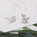 Asymmetric 925 silver stud earrings featuring a matte silver bird and leaf branch design - Leaf Bird