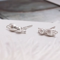 Minimalist 925 sterling silver cat-shaped stud earrings with a matte brushed texture finish - Lying Cat