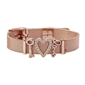 Rose gold mesh watch band bracelet with love key and heart crystal charms - Rose Gold