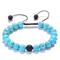 Bracelet tressé ajustable avec perles de turquoise bleue et pierres de lave noire sur blanc - Turquoise bleu ciel avec pierres de lave (4号)