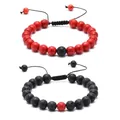 Detail of adjustable braided lava and turquoise stone bracelets with hand-woven wax cords - Red and Black Textured Stone Set (Combination 6)