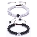 Close-up of adjustable braided lava stone and white turquoise couple bracelets - Black and White Matching Set (Combo 2)