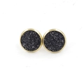 Macro shot of 12mm black druzy stud earrings with textured glitter finish and gold plating - Black (12)