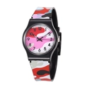 Detail view of colorful camouflage silicone watch strap and easy-to-read numeric dial - Camo Rose Red