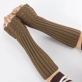 Coffee brown long fingerless knitted gloves with fish scale texture for winter warmth - One Size / Khaki