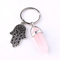 Pink hexagonal crystal and silver Hamsa hand charm pendant keychain on white background - Rose Quartz