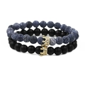 Couples crown bracelet set with blue weathered stone and matte black beads - Matte Stone Set Gold