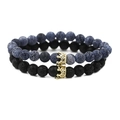 Crown beaded bracelet set with blue crackle stone and black lava rock beads - Lava Stone Set Gold
