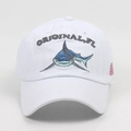 Close-up of blue shark embroidery and American flag patch on a white baseball cap - Adjustable / White