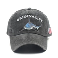 Detail of shark embroidery and flag patch on washed gray cotton baseball cap - Adjustable / Black