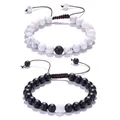 Detailed view of adjustable lava stone and white turquoise beaded bracelets for couples - Black & White Couple's Set (Combination 1)