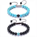 Detail of adjustable lava rock and turquoise stone beads on hand-woven bracelets - Blue & Black Turquoise and Lava Stone Set (Set 3)