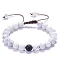 Bracelet ajustable en howlite blanche avec pierre de lave et cordon tressé marron - Howlite Blanche Naturelle avec Pierre de Lave Unique (1号)