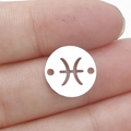 Silver mirror finish stainless steel Pisces zodiac round charm with double hole design - Pisces Style (Steel 12)
