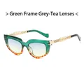 Cat eye sunglasses with green and tortoiseshell frame featuring gold chain arms - Green Floral Frame Grey Tea Lens