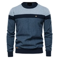 Detailed view of striped crewneck sweater with blue patchwork knit texture and ribbed collar - M / Navy Blue